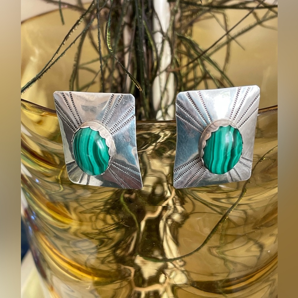 Vintage Silver 925 tested Green Malachite Square Concho Clip On Earrings